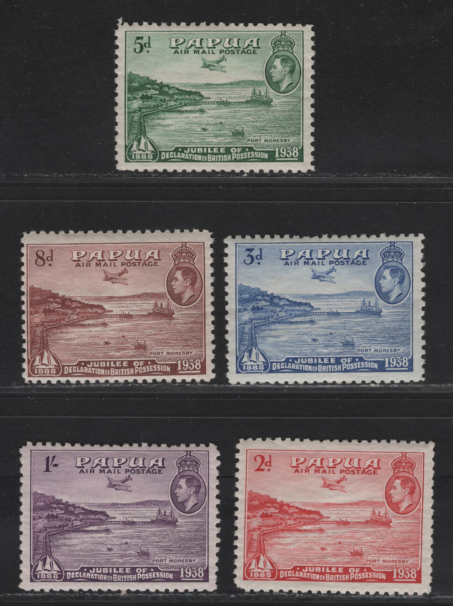 Lot 86 (C) Papua SG#158-162 2d - 1/- Rose Red - Mauve Port Moresby, 1938 50th Anniv of Declaration Of British Possession Issue, 5 F/VFOG Singles.