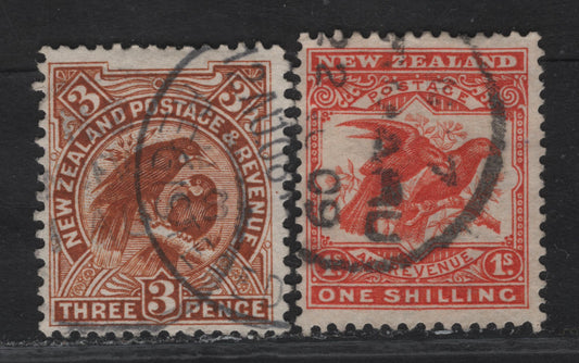 Lot 88 (C) New Zealand SG#375, 385 3d - 1/- Brown - Orange Red Huia - Kea & Kaka, 1907-1908 Smaller Pictorial Issue, 2 Fine/Very Fine Used Singles.
