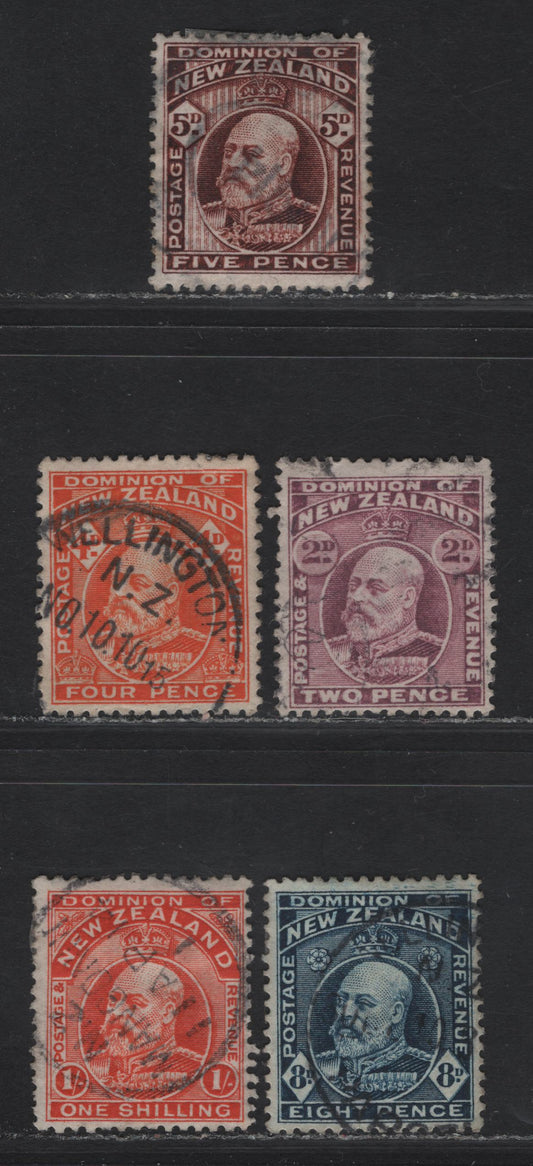 Lot 89 (C) New Zealand SG#396, 393a, 394, 388, 391a 2d - 1/- Mauve - Vermillion King Edward VII, 1909-1916 King Edward VII Issue, 4 Fine/Very Fine Used Singles, Comb Perf 14x14.5 & Line Perf 14 (4d).