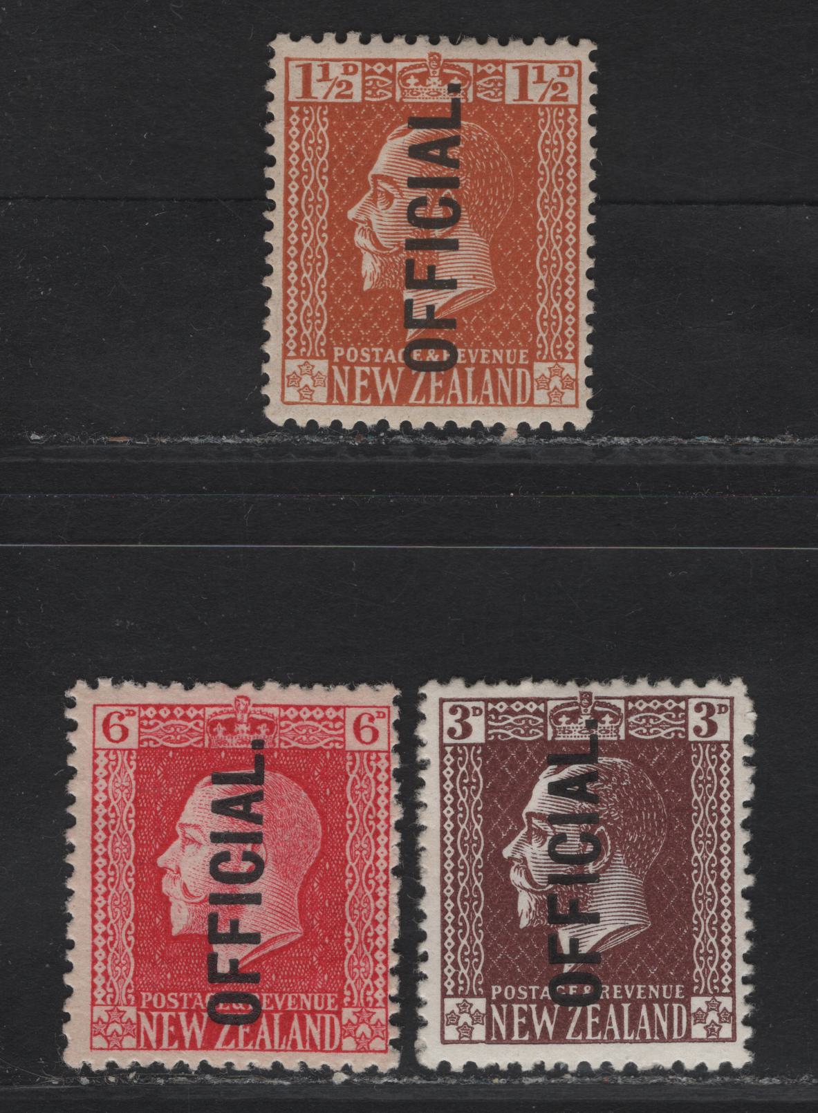 Lot 92 (C) New Zealand SG#O91. O93. O102 1.5d - 6d Orange Brown - Carmine King George V, 1915-1927 KGV Profile Heads Issue, 3 F/VFOG Singles, DLR Paper.
