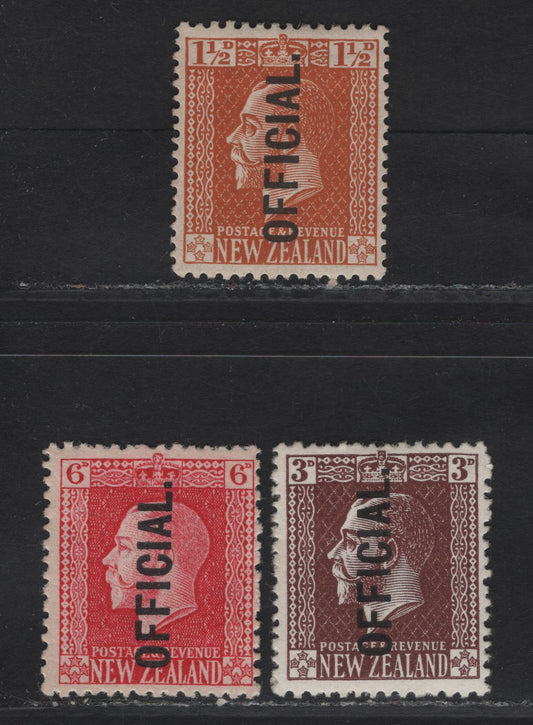 Lot 92 (C) New Zealand SG#O91. O93. O102 1.5d - 6d Orange Brown - Carmine King George V, 1915-1927 KGV Profile Heads Issue, 3 F/VFOG Singles, DLR Paper.