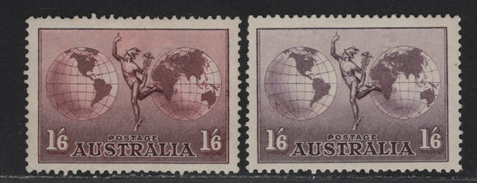 Lot 93 Australia SG#153 1/6 Dull Purple & Claret Hermes & Globe, 1937 Hermes Airmail Issue, 2 FNH Singles, 2 Distinct Shades.