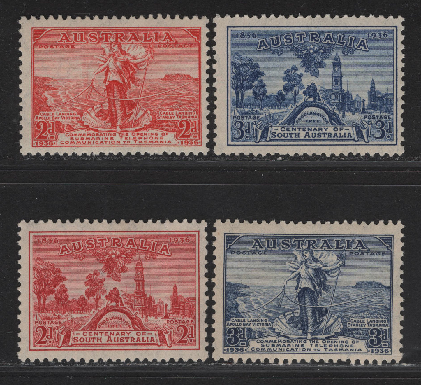 Lot 94 Australia SG#159-160, 161-162 2d - 3d Scarlet - Blue  1936-1936 Opening Of Submarine Telephone Link - Centenary of South Australia Issues, 4 F/VFOG/NH Singles, 2d South Australia Has 2 Spots of Gum Disturbance.