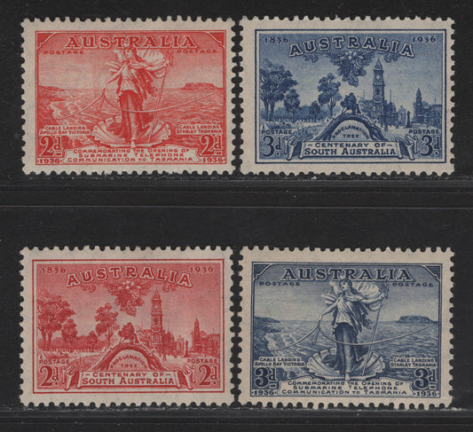 Lot 94 Australia SG#159-160, 161-162 2d - 3d Scarlet - Blue  1936-1936 Opening Of Submarine Telephone Link - Centenary of South Australia Issues, 4 F/VFOG/NH Singles, 2d South Australia Has 2 Spots of Gum Disturbance.
