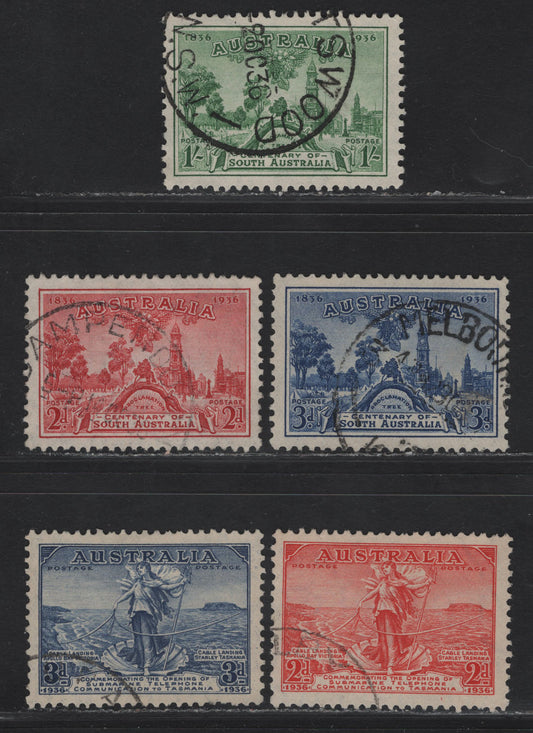 Lot 95 Australia SG#159-163 2d - 1/- Scarlet - Green Amphitrite & Telephone Cable - Site of Adelaide, 1936-1936 Opening Of Submarine Telephone Link - Centenary of South Australia Issues, 5 Very Fine Used Singles.