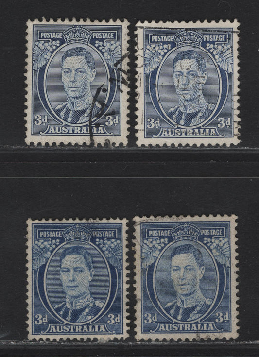 Lot 96 Australia SG#168b,c,ca, 186 3d Blue King George VI, 1937-1949 Zoological Issue, 4 Very Fine Used Singles, All Dies & Perfs Except Die 1.