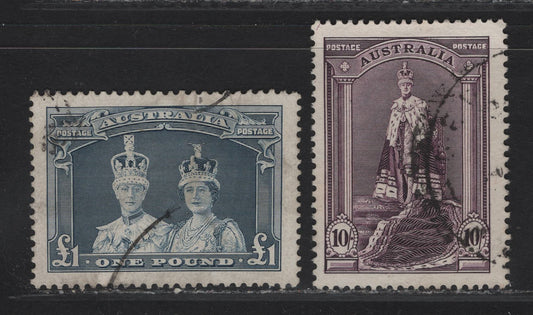 Lot 97 (C) Australia SG#177-178 10/- - £1 Dull Purple - Bluish Slate King George VI, 1937-1949 Zoological Issue, 2 Very Fine Used Singles.