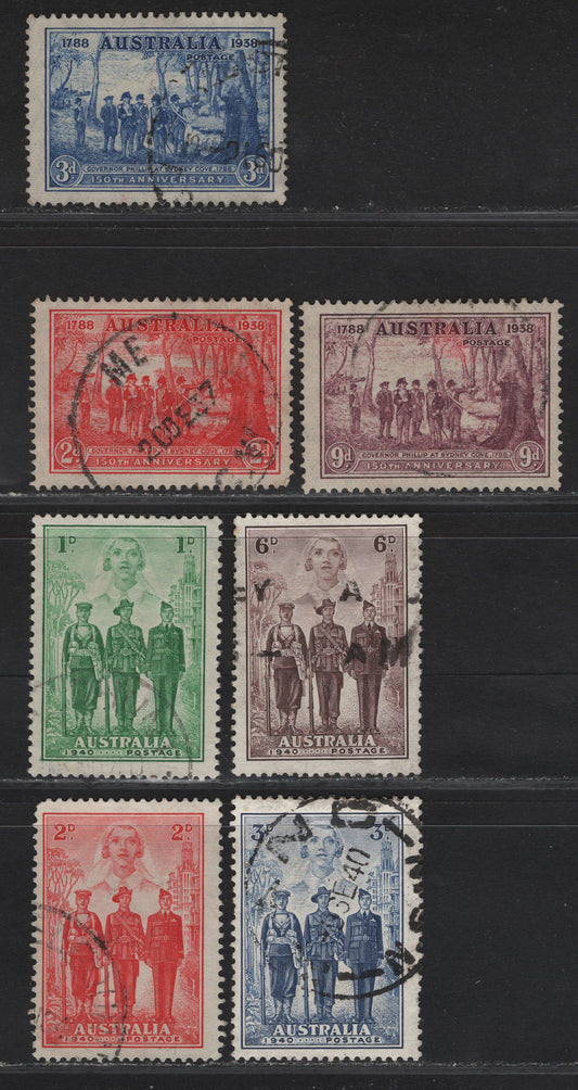 Lot 98 (C) Australia SG#193-199 2d - 6d Scarlet - Brown Purple Governor Phillip At Sydney Cove, 1937 150th Anniv Of NSW & Australian Imperial Forces Issues, 7 Fine/Very Fine Used Singles.