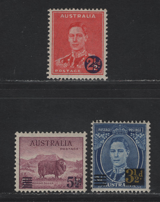 Lot 99 Australia SG#200-202 2.5d on 2d - 5.5d on 5d Scarlet - Purple King George VI - Merino Ram, 1941 Surcharge Issue, 3 FNH Singles.