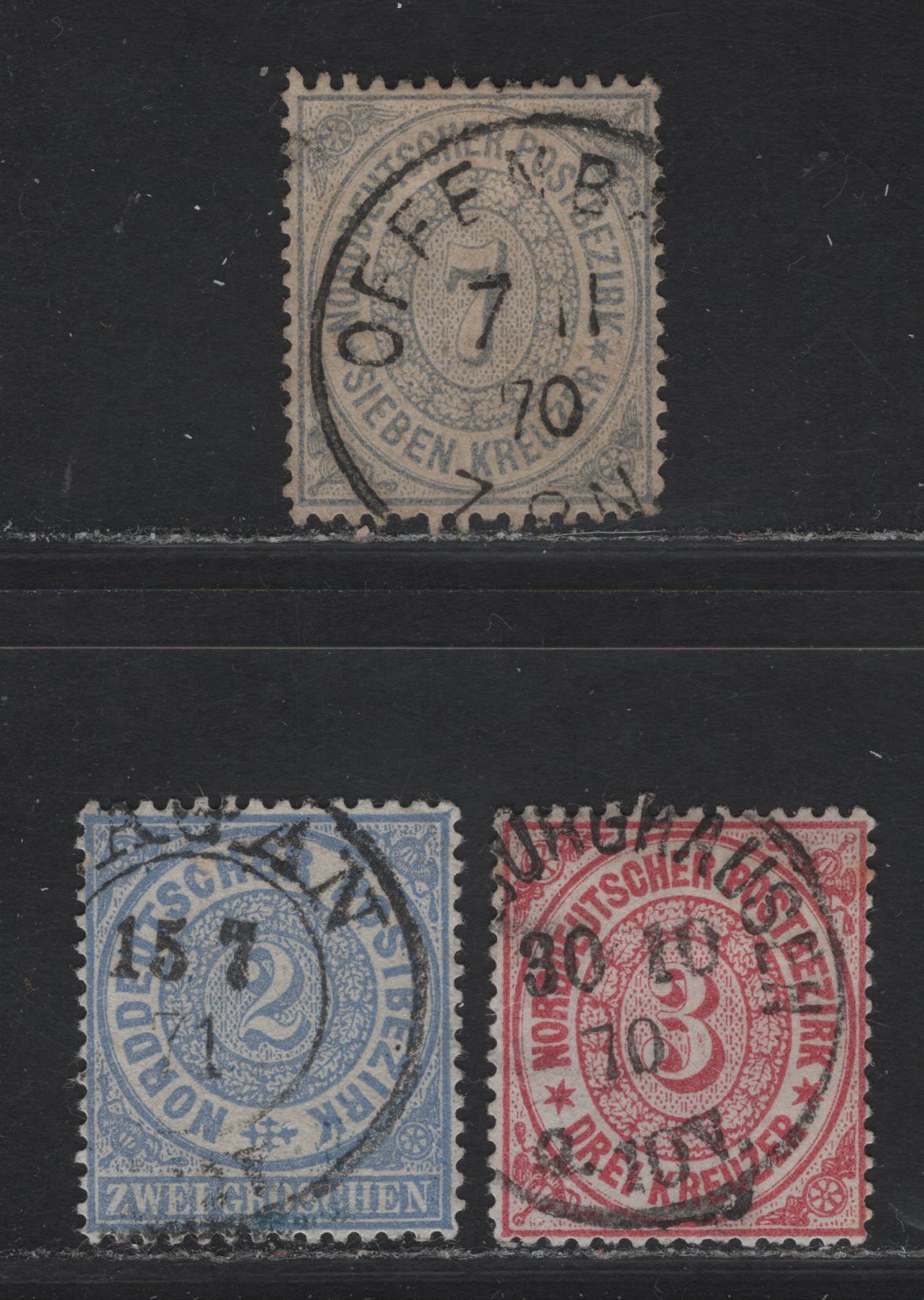 Lot 114 North German Confederation SC#17, 21-22 2gr - 7kr Ultramarine - Ultramarine Numeral, 1869 Perforated Numeral Issue, 3 Very Fine Used Singles
