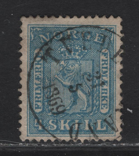 Lot 116 Norway SC#8 4s Blue Coat of Arms, 1863 Coat of Arms Issue, A Very Fine Used Single, Background of Crossed Lines