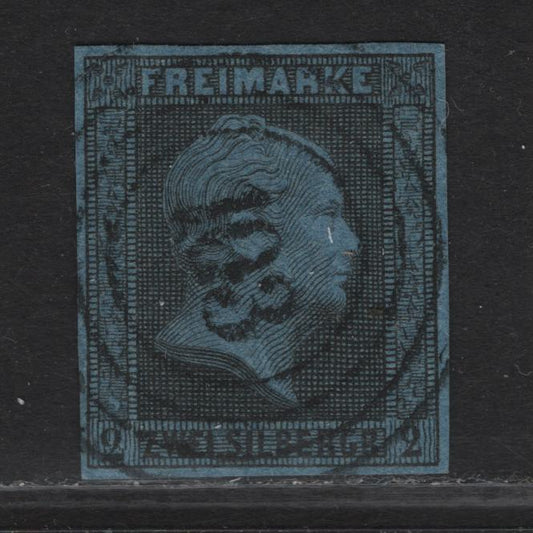 Lot 135 Prussia (C)SC#4 2sg Black on Dark Blue King Frederick William IV, 1850-1856 King Frederick William IV Issue, A Very Fine Used Imperf Single, Full Margins Are 1.4mm On This Issue, Full Margins All Around