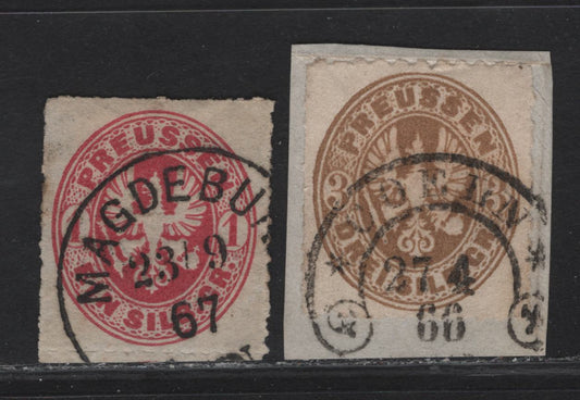 Lot 140 Prussia SC#17, 20 1sgr - 3sgr Rose - Bistre Arms, 1861-1867 Embossed Arms Issue, 2 Very FIne Used Imperf Singles