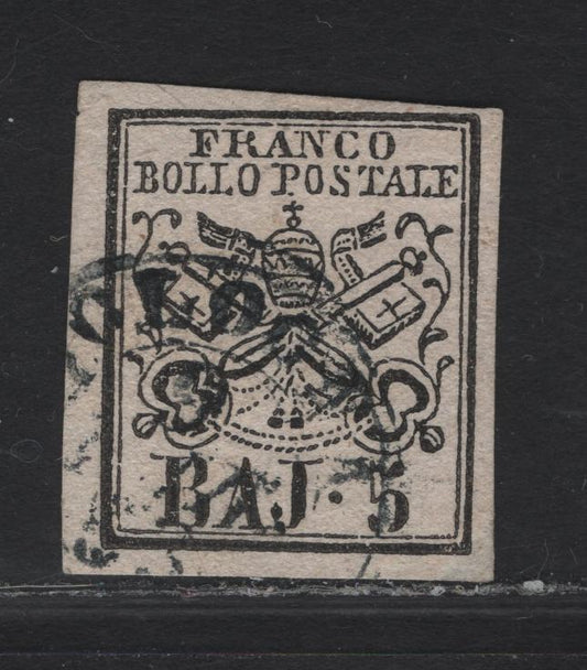 Lot 142 Roman States SC#6a 5b Black on Pale Rose Arms, 1852 Papal Arms Issue, An Extremely Fine Used Imperf Single