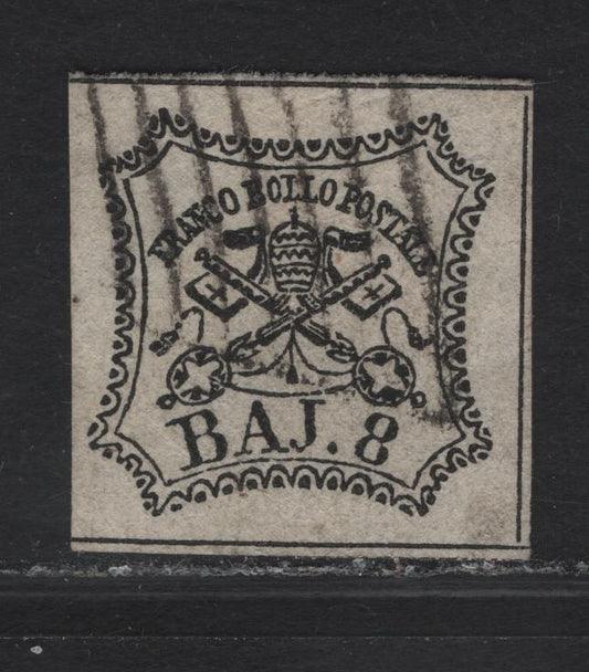 Lot 143 Roman States SC#9 8b Black Arms, 1852 Papal Arms Issue, A Very Fine Used Imperf Single, Dividing Lines Are Visible On 3 Sides, Left Margin Is Little Close At Lower left, But Still Clear.
