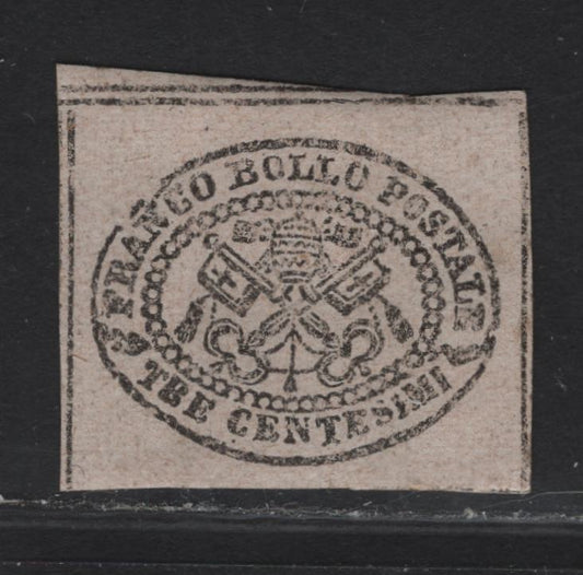 Lot 144 Roman States SC#13 3c Black Arms, 1867 Papal Arms Issue, A Superb Unused Imperf Single, Genuine Example