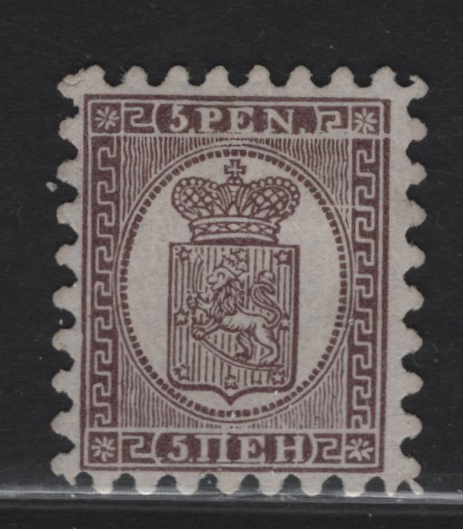 Lot 16 Finland SC#6 5pa Purple Brown on Lilac Coat of Arms, 1873 Coat of Arms Issue, A Very Fine Unused Single, Roulette Type I