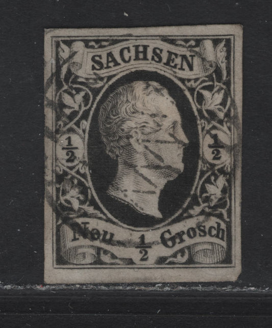 Lot 166 Saxony SC#3 1/2ng Black on Green Frederick Augustus II, 1851-1852 Frederick Augustus II Issue, A Very Fine Used Imperf Single, Margins Are Full Top & Left, Jumbo On Bottom & Close At Right, But Clear On All Sides.