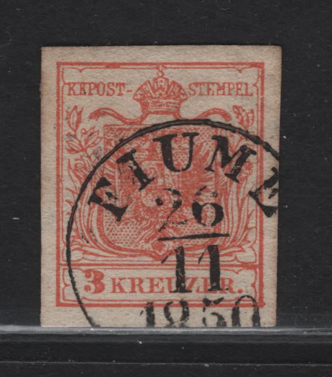 Lot 17 Fiume SC#3 (Austria) 3kr Red Arms, 1850 Arms Issue, A Very Fine Used Imperf Single, SON Fiume Nov 26 1850, Thin Paper Type III