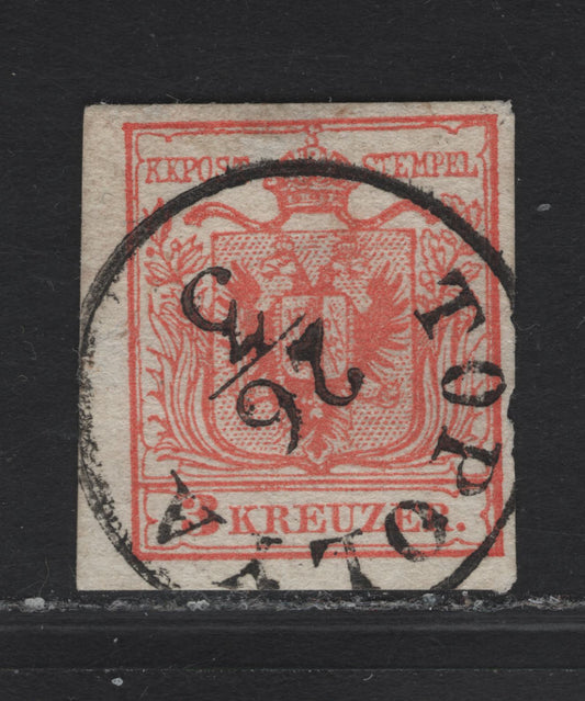 Lot 173 Serbia SC#3 (Austria) 3kr Red Arms, 1850 Arms Issue, A Very Fine Used Imperf Single, SON Topolya CDS Cancel, Type III