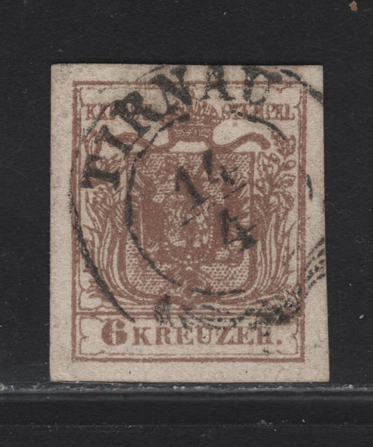 Lot 175 Slovakia SC#4 (Austria) 6kr Pale Brown Arms, 1850 Arms Issue, A Very Fine Used Imperf Single, SON Tirnaw Cancel, Thick Paper, Type II