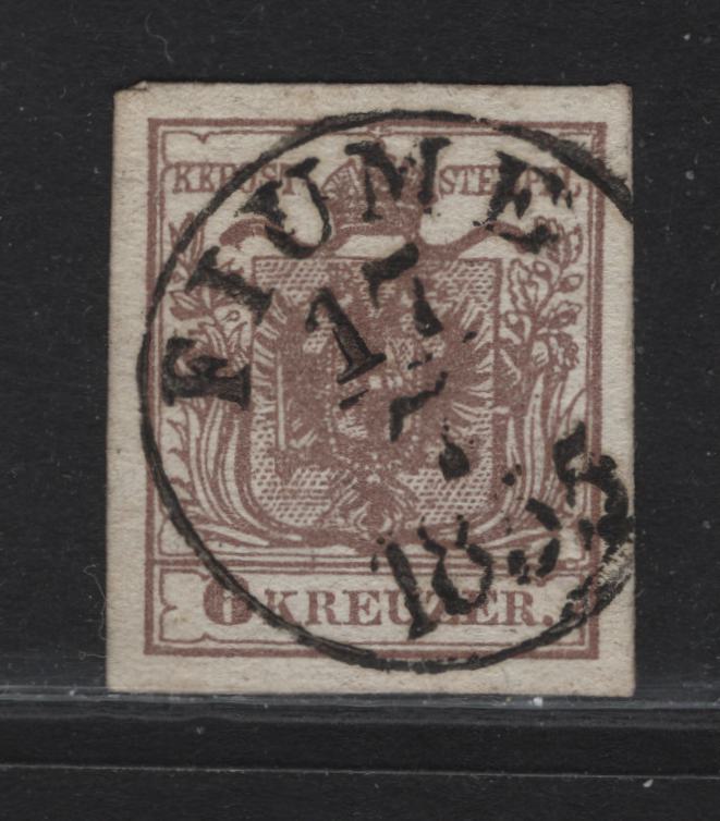 Lot 18 Fiume SC#4b (Austria) 6kr Dull Brown Arms, 1850 Arms Issue, A Very Fine Used Imperf Single, July 17 1855 Fiume CDS, Machine Made Paper, Type III.