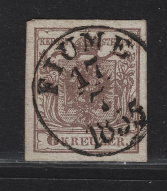 Lot 18 Fiume SC#4b (Austria) 6kr Dull Brown Arms, 1850 Arms Issue, A Very Fine Used Imperf Single, July 17 1855 Fiume CDS, Machine Made Paper, Type III.