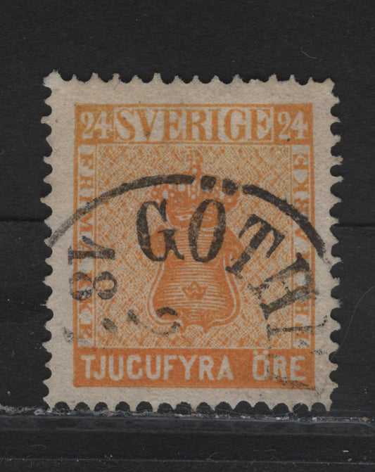 Lot 184A Sweden Facit #10i (Scott 10) 24o Orange Arms, 1858-1862 Arms Issue, An Extremely Fine Used Single Thin Paper, XF Centering, Top Quality.