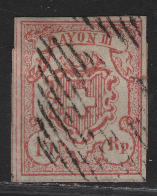 Lot 189 Switzerland SC#12 15c Vermillion Arms, 1852 Federal Administration Issue, A Very Fine Used Imperf Single, Dividing Lines Are Visible On All 4 Sides