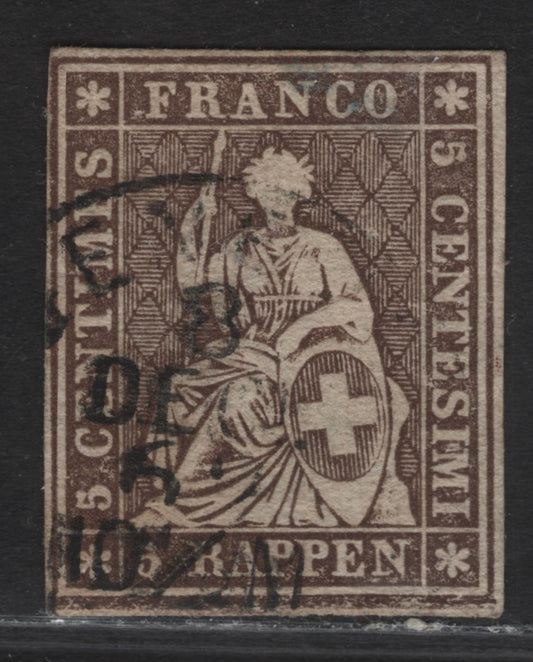 Lot 190 Switzerland SC#25 5c Dark Brown Helvetia, 1855-1857 Helvetia Issue, An Extremely Fine Used Single, Margins Clear Of The Framelines On All Sides, Black Silk Thread