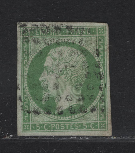 Lot 19 France SC#13 5c Green on Green Napoleon III, 1853-1860 Emperor Napoleon III Issue, A Very Fine Used Imperf Single, Greenish Type I Paper