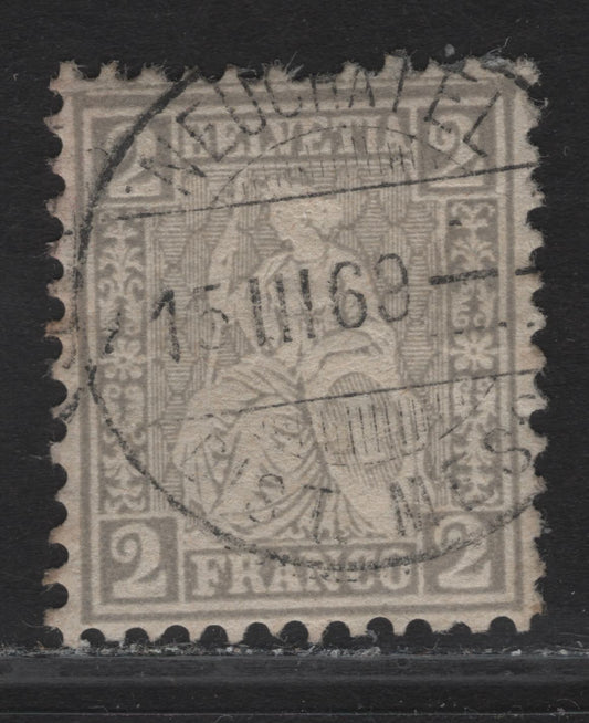 Switzerland SC#41 2c Gray Seated Helvetia, 1862-1864 Seated Helvetia Issue, A Very Fine Used Single, March 15 1869, Neuchatel Cancel, White Wove Paper.