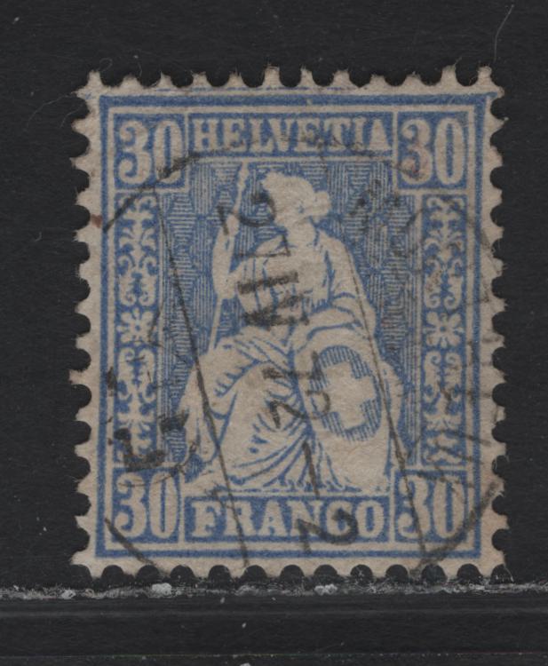 Lot 200 Switzerland SC#56 30c Ultramarine Seated Helvetia, 1867-1878 Seated Helvetia Issue, A Very Fine Used Single