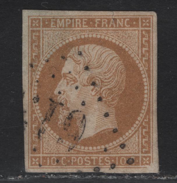 Lot 20 France SC#14 10c Bistre on Yellowish Napoleon III, 1853-1860 Emperor Napoleon III Issue, A Fine Used Imperf Single, Small Internal Wrinkle At LR, Diamon Dotted Grid Cancel