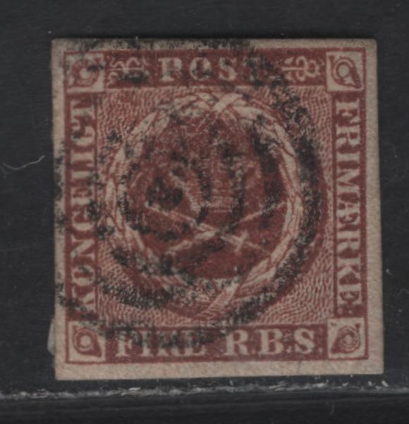 Lot 2 Denmark SC#2 4rs Brown Arms, 1851 Royal Emblem Issue, A Very Fine Used Single