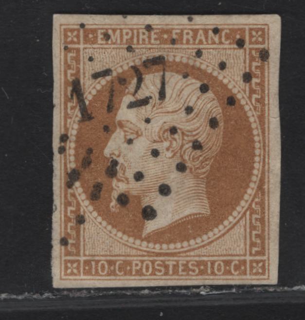 Lot 21 France SC#14b 10c Bistre Brown on Yellowish Napoleon III, 1853-1860 Emperor Napoleon III Issue, A Very Fine Used Imperf Single, 1727 Small Numerals Diamond Dotted Cancel