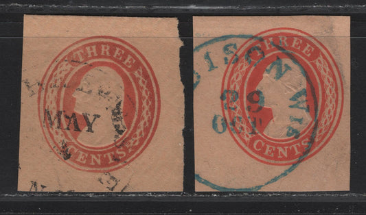 Lot 211A United States SC#U10 3c Red on Buff , 1853-1854 Nesbitt Issue, 2 Very Fine Used Cut Square Singles, Two Types of Laid Paper