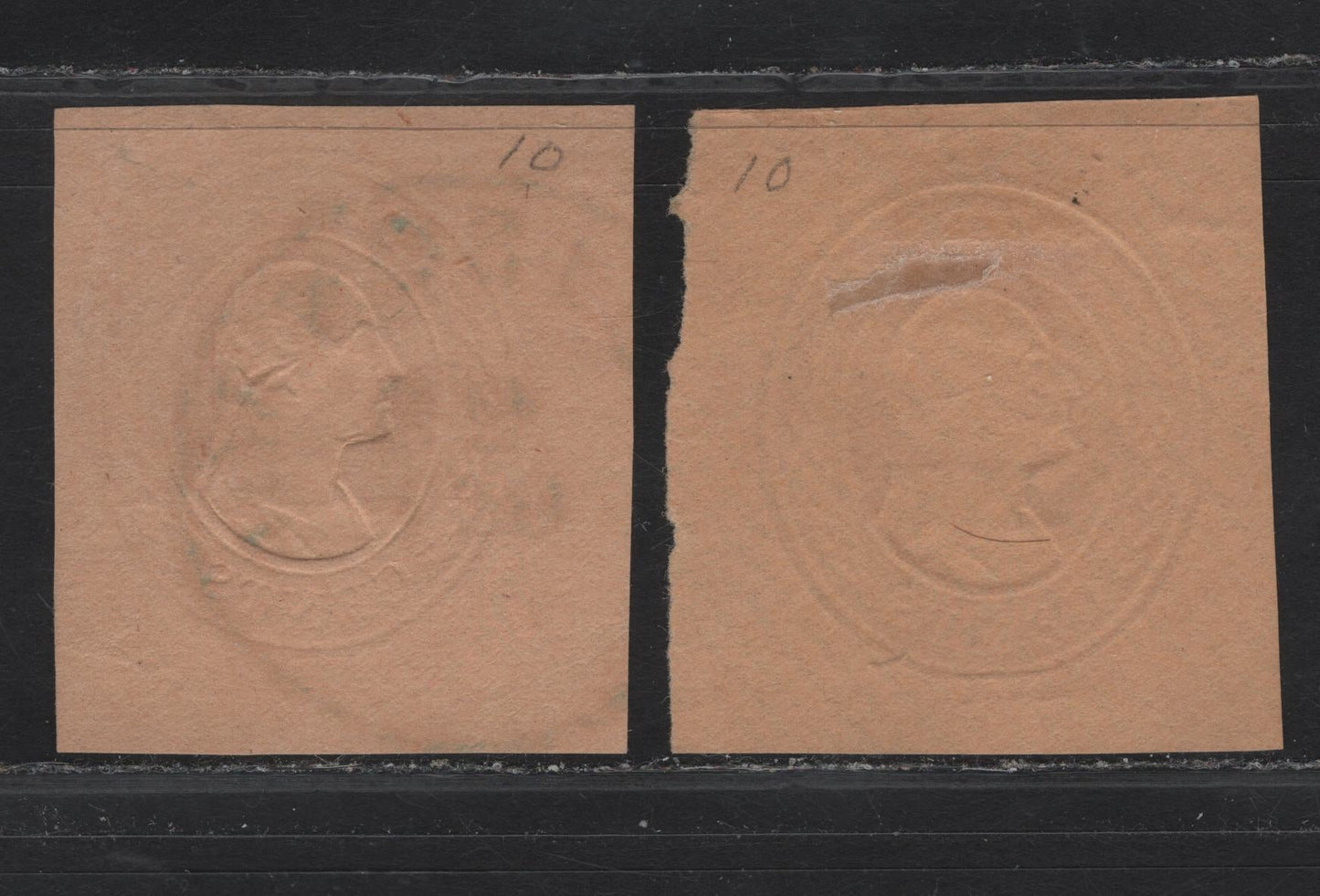 Lot 211A United States SC#U10 3c Red on Buff , 1853-1854 Nesbitt Issue, 2 Very Fine Used Cut Square Singles, Two Types of Laid Paper