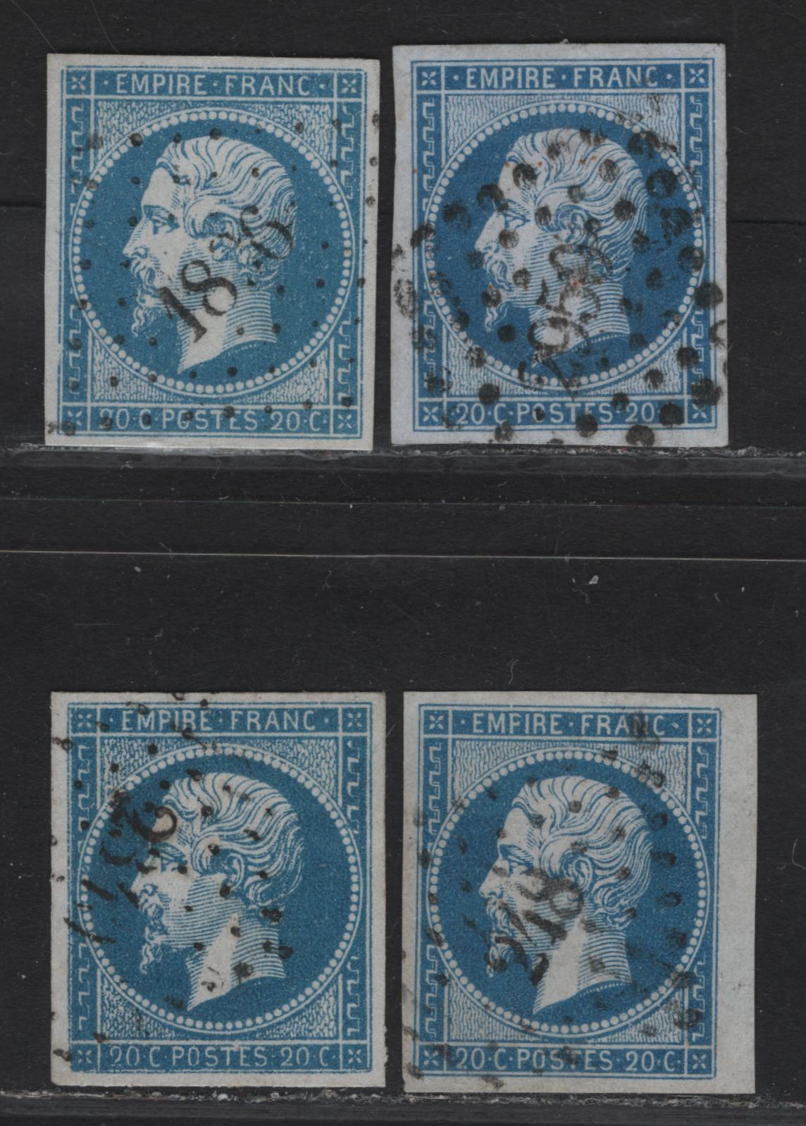 Lot 22 France SC#15 20c Blue on Bluish Napoleon III, 1853-1860 Emperor Napoleon III Issue, 4 Very Fine/Extremely Fine Used Imperf Singles, #2340, #248, #1836 & #2950 Small Numeral Diamond Dotted Cancels