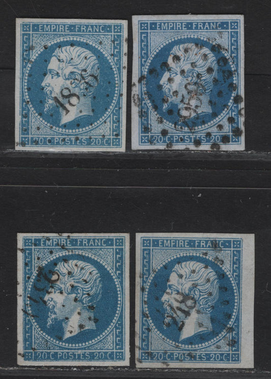 Lot 22 France SC#15 20c Blue on Bluish Napoleon III, 1853-1860 Emperor Napoleon III Issue, 4 Very Fine/Extremely Fine Used Imperf Singles, #2340, #248, #1836 & #2950 Small Numeral Diamond Dotted Cancels