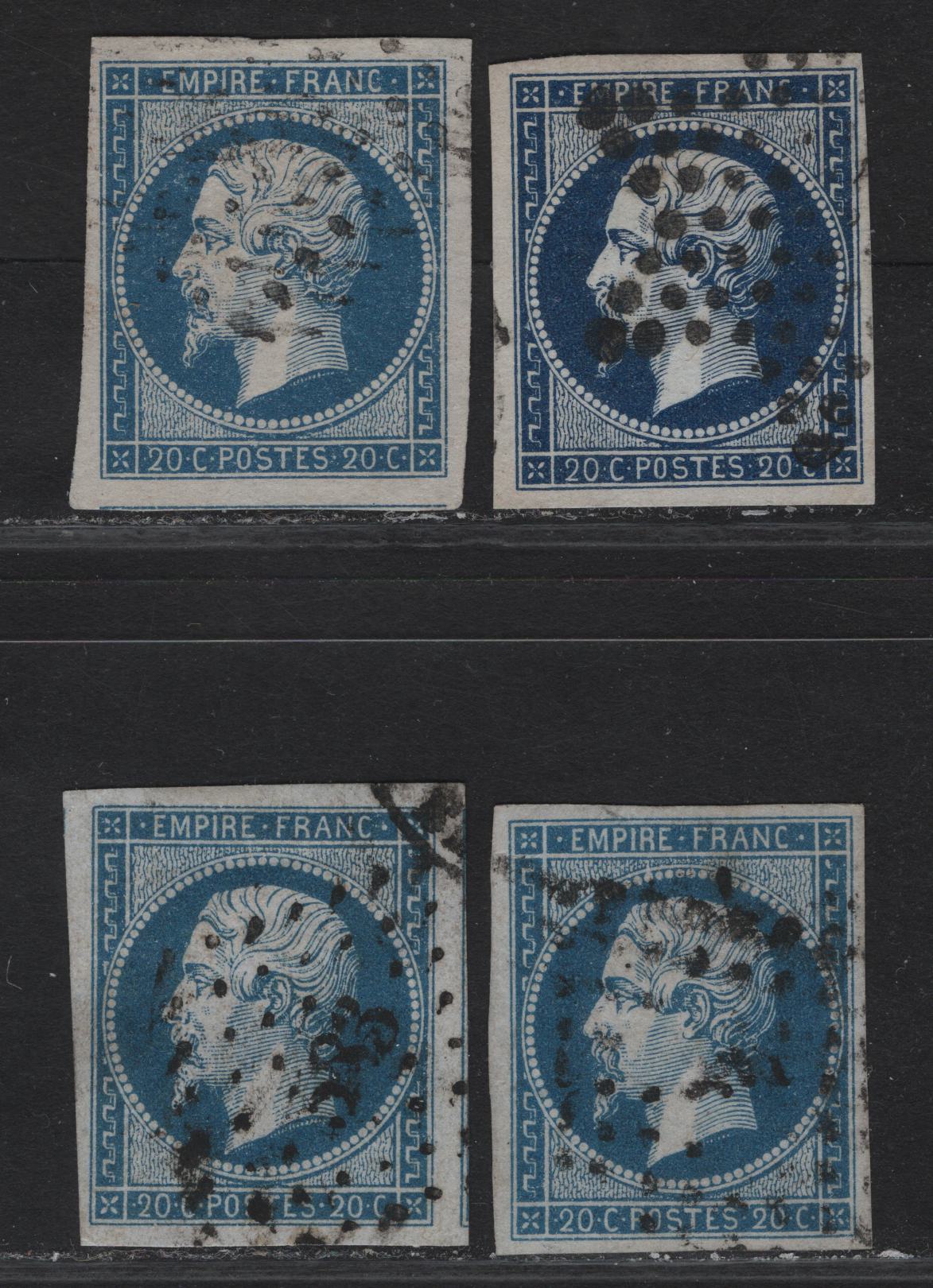 Lot 23 France SC#15, 15a 20c Blue - Dark Blue on Bluish Napoleon III, 1853-1860 Emperor Napoleon III Issue, 4 Very Fine Used Imperf Singles
