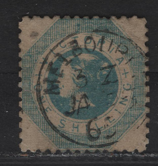 Lot 237 Australia - Victoria SC#25a 1/- Greenish Blue Queen Victoria, 1859 Woodblock Issue, A Very Fine Used Single