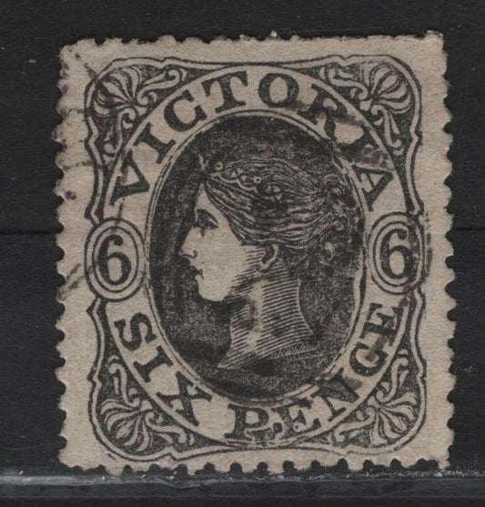 Lot 240 Australia - Victoria SC#71 6d Black Queen Victoria, 1857-1861 Queen Victoria Issue, A Very Fine Used Single, Single Lined 6 Wmk