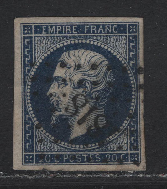 Lot 24 France SC#15c 20c Dark Blue on Lilac Napoleon III, 1853-1860 Emperor Napoleon III Issue, A Very Fine Used Imperf Single, #818 Small Numeral Diamond Dotted Cancel