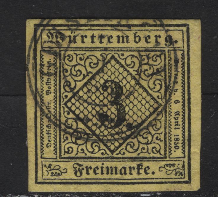 Lot 242 Wurttemburg SC#2 3kr Black on Yellow Numerals, 1851-1852 Numeral Issue, A Very Fine Used Imperf Single