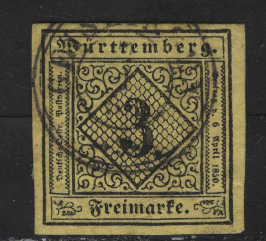 Lot 242 Wurttemburg SC#2 3kr Black on Yellow Numerals, 1851-1852 Numeral Issue, A Very Fine Used Imperf Single