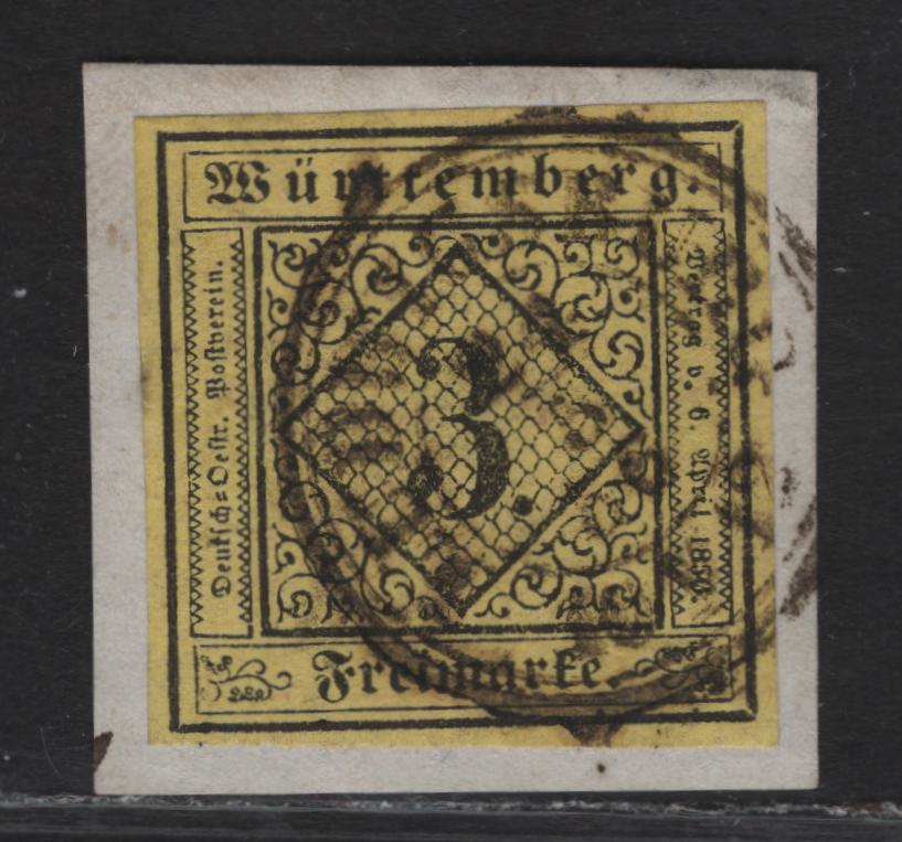 Lot 243 Wurttemburg SC#2 3kr Black on Yellow Numerals, 1851-1852 Numeral Issue, A Very Fine Used Imperf Single