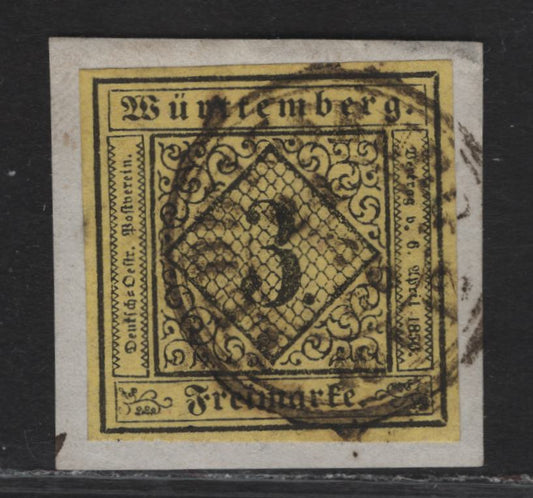 Lot 243 Wurttemburg SC#2 3kr Black on Yellow Numerals, 1851-1852 Numeral Issue, A Very Fine Used Imperf Single