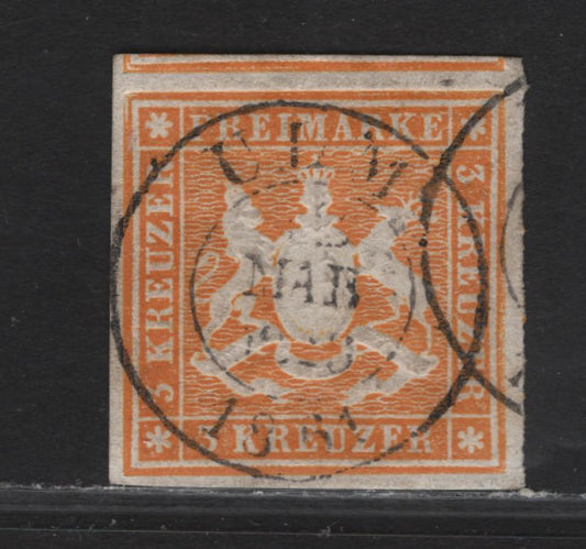 Lot 244 Wurttemburg SC#15 3kr Yellow Orange Arms, 1859 Arms Issue, A Very Fine Used Imperf Single, Jumbo Margins At Top & Right, Nearly Full But Close Margins On Other Sides, March 1861 Ulm Cancel.