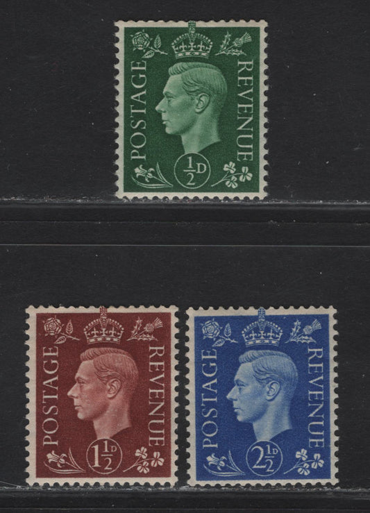 Lot 246 Great Britain SG#464a, 464a, 466a 1/2d - 2.5d Green - Ultramarine King George VI, 1937-1947 KGVI Dulac Heads Issue, 3 F/VFOG Singles, Sideways Wmk